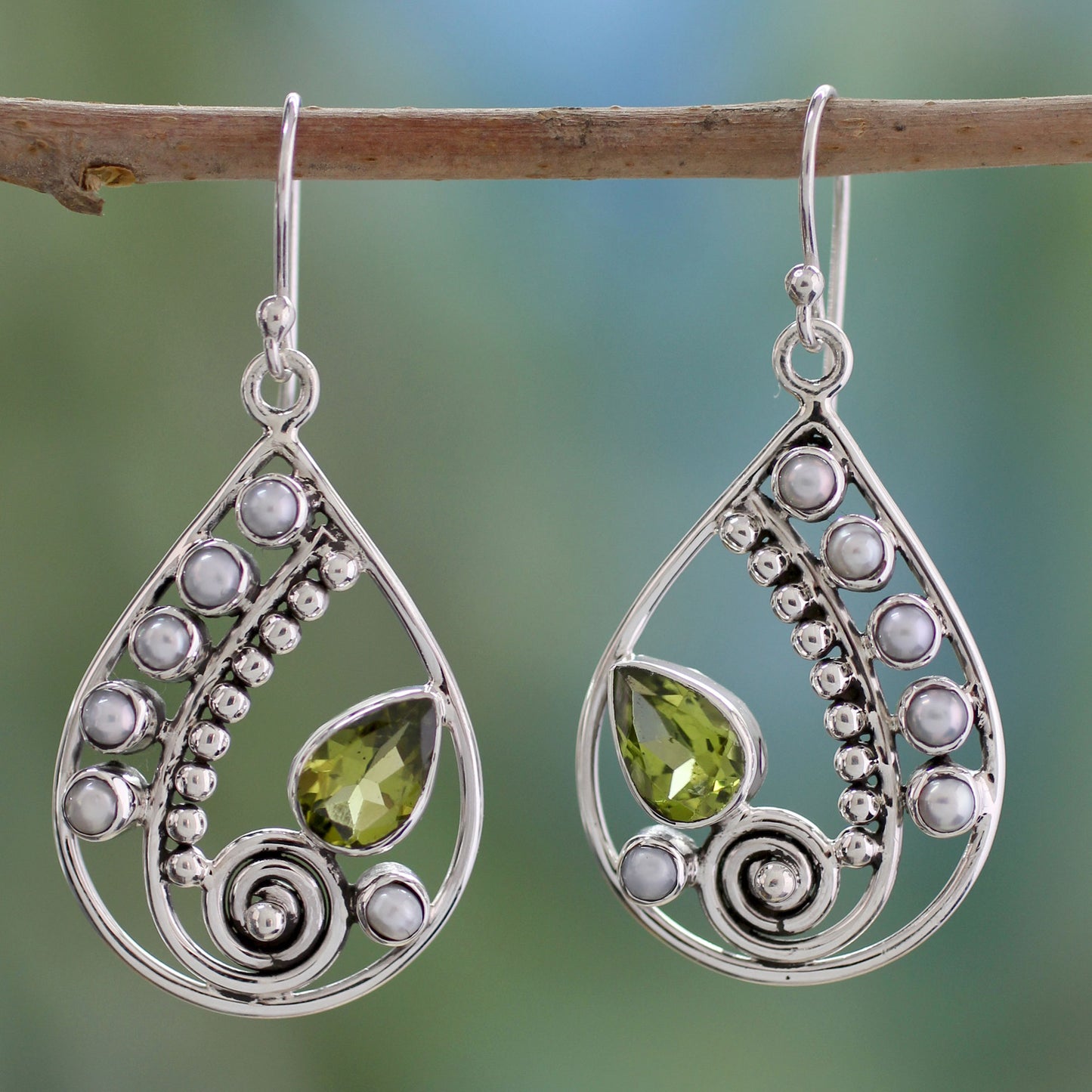 Inspired Paisley Pearl and Peridot Earrings Sterling Silver Jewelry