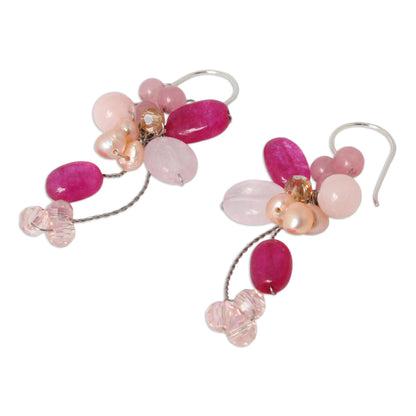 Radiant Pink Bouquet Pearl Cluster Dangle Earrings