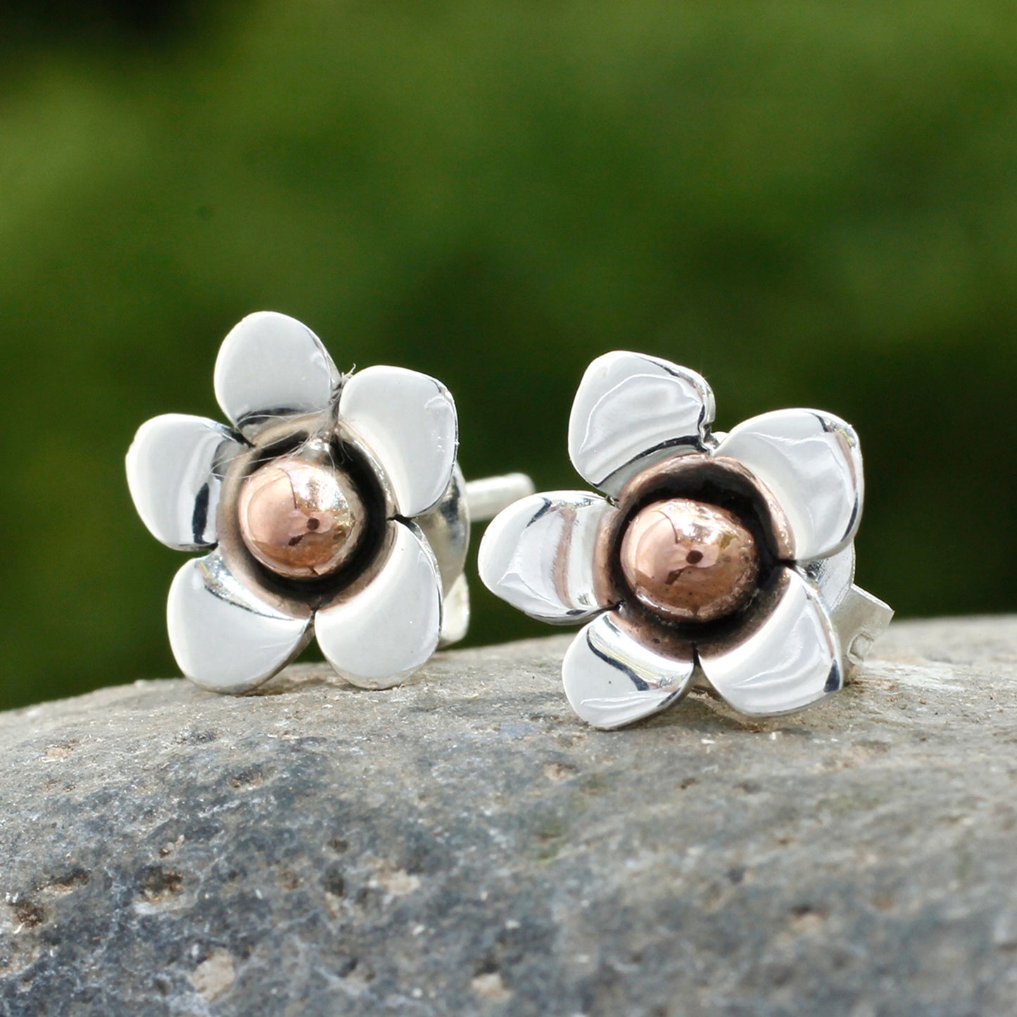 Taxco Wildflower Hand Made Floral Fine Silver Button Earrings from Mexico