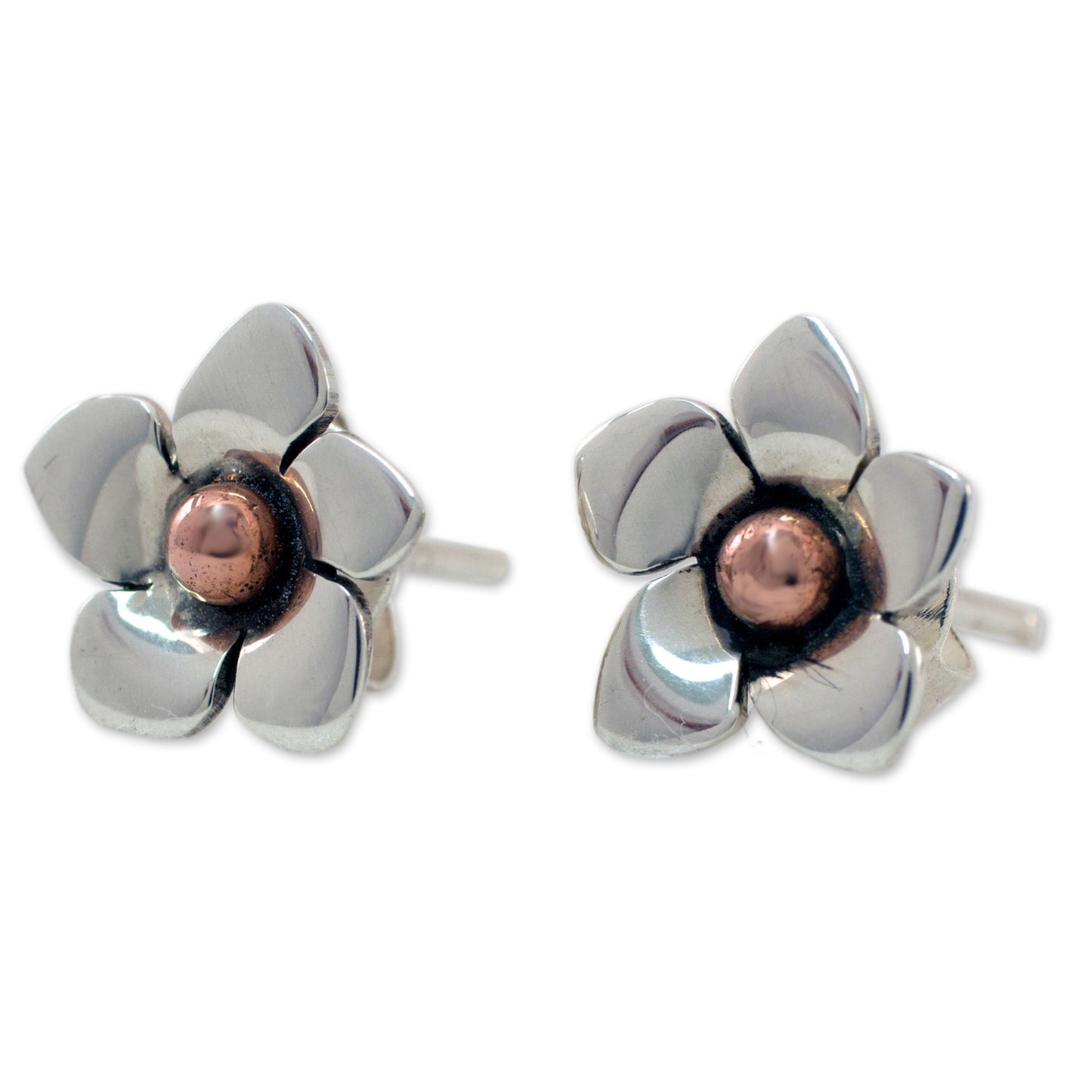 Taxco Wildflower Hand Made Floral Fine Silver Button Earrings from Mexico