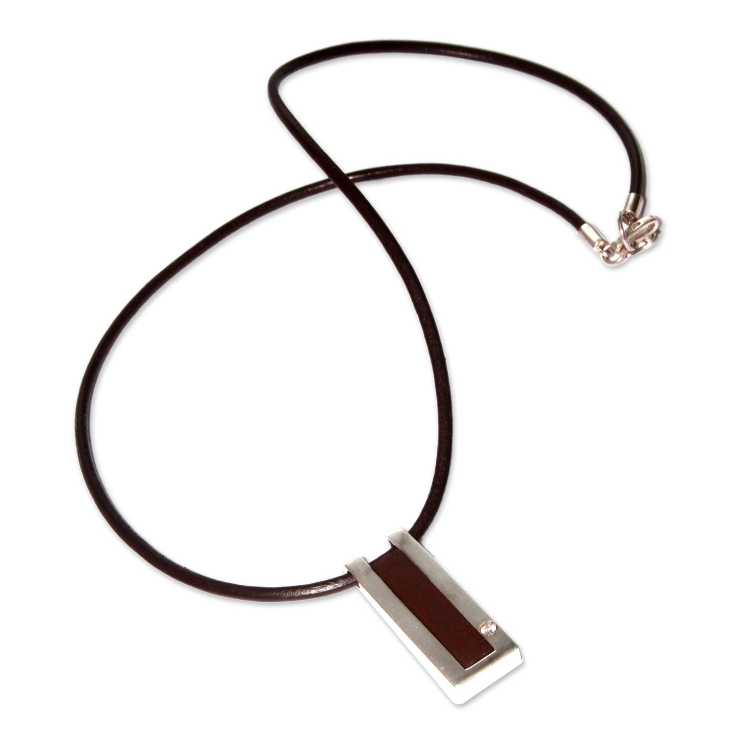 Brown Quechua Minimalist Modern Sterling Silver and Leather Pendant Necklace