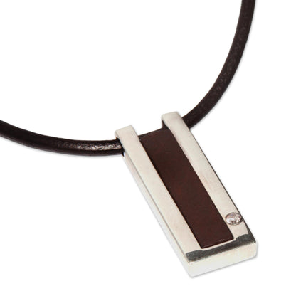 Brown Quechua Minimalist Modern Sterling Silver and Leather Pendant Necklace