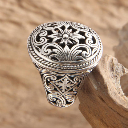 Forest Blossom Silver Floral Signet Ring