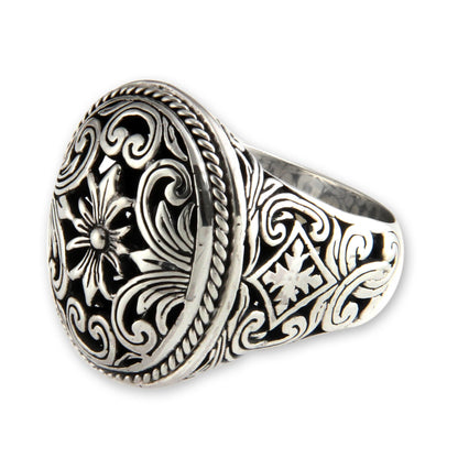 Forest Blossom Silver Floral Signet Ring