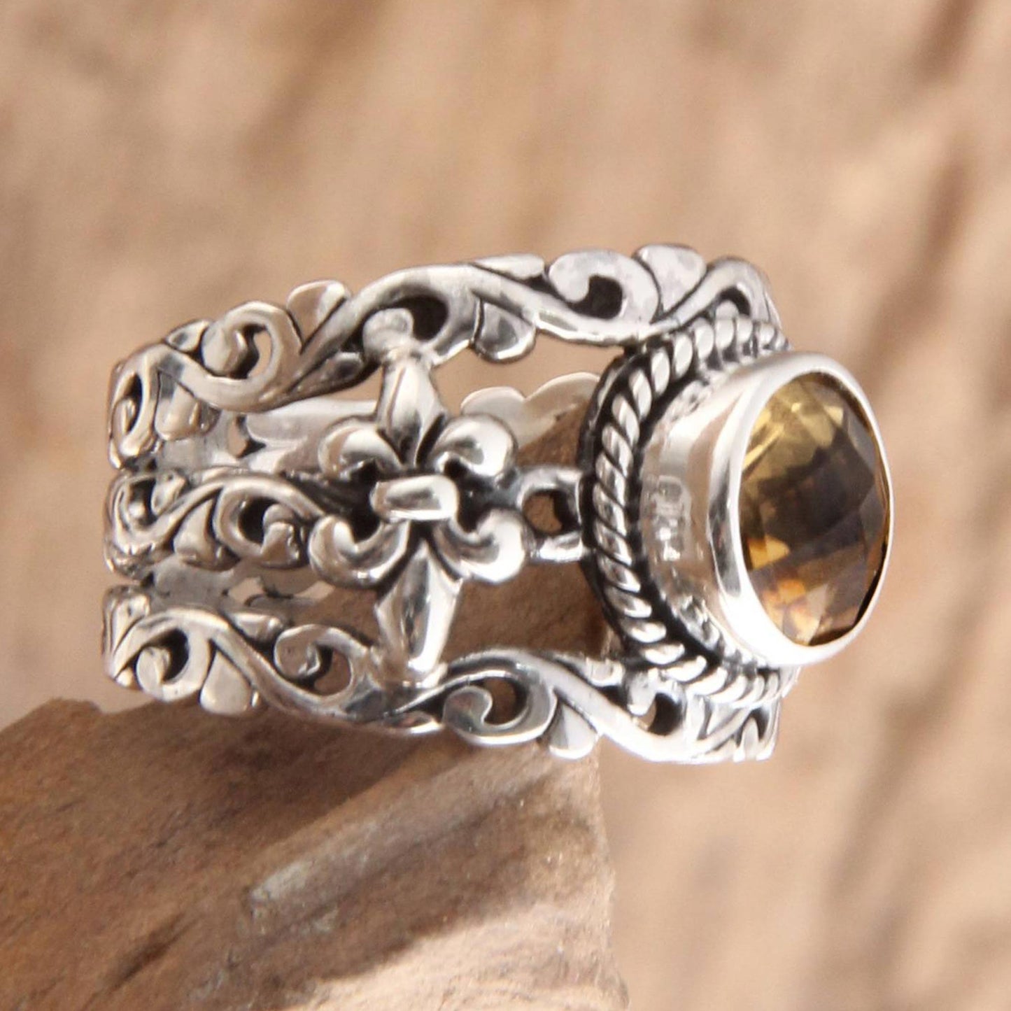 Golden Fleur de Lis Unique Indonesian Citrine and Silver Cocktail Ring