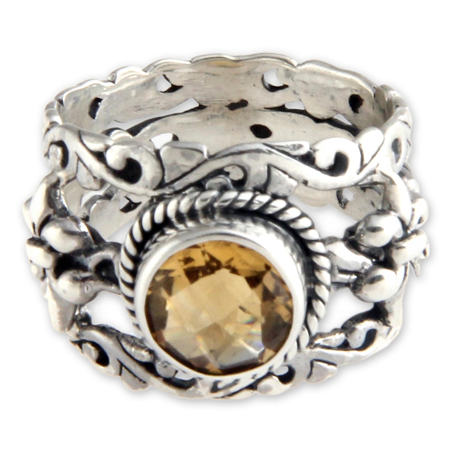 Golden Fleur de Lis Unique Indonesian Citrine and Silver Cocktail Ring