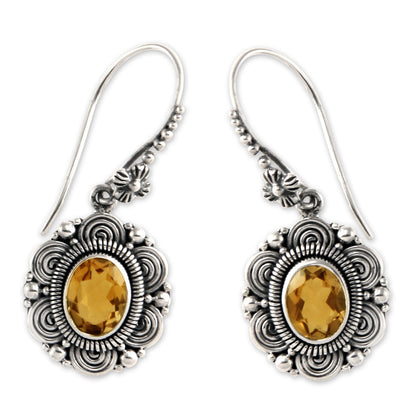 Balinese Sunflower Floral Sterling Silver and Citrine Dangle Earrings