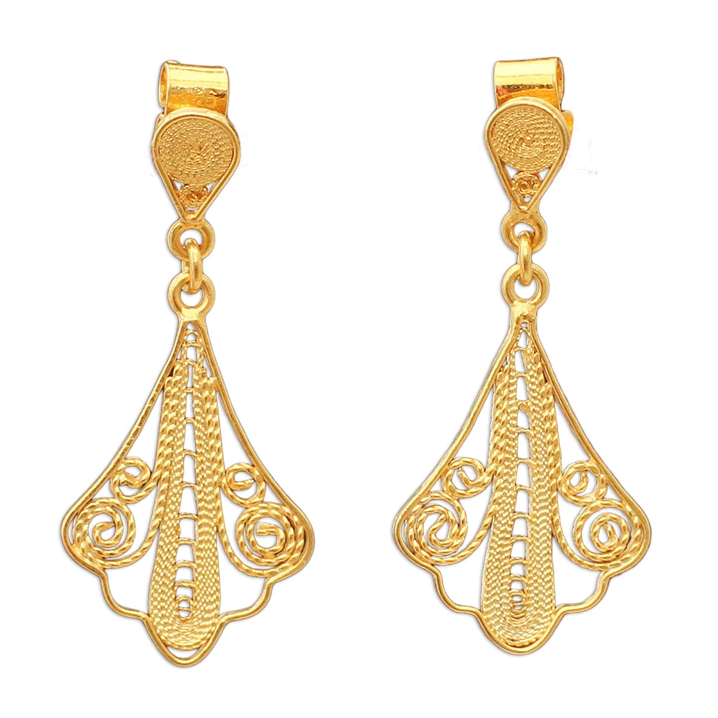 Peruvian Lace 21K Gold Plated Filigree Dangle Earrings from Peru