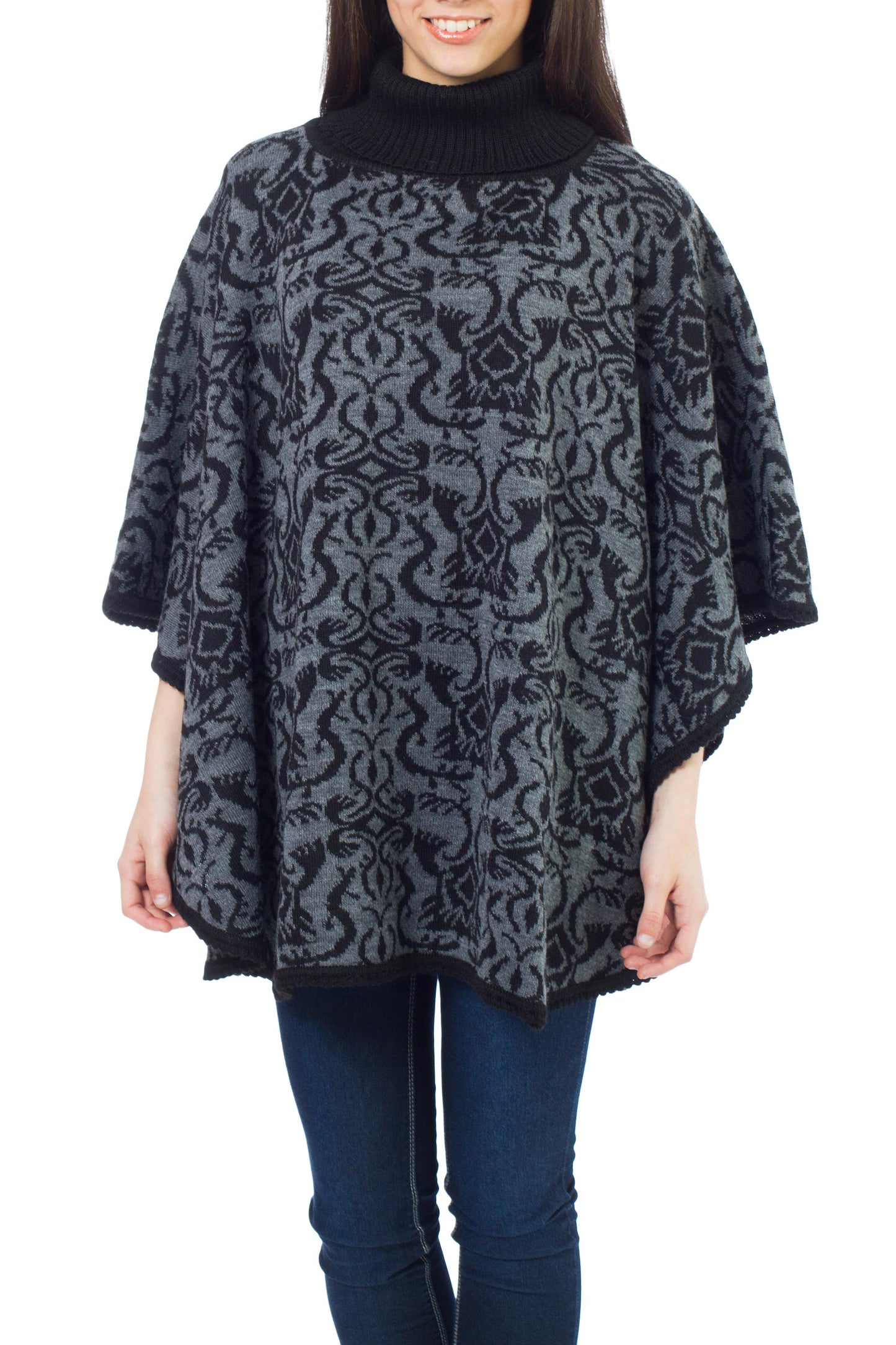 Sublime Black Alpaca Wool Blend Patterned Poncho