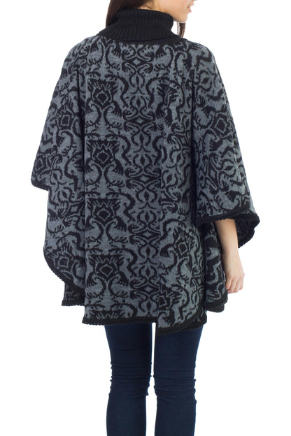 Sublime Black Alpaca Wool Blend Patterned Poncho