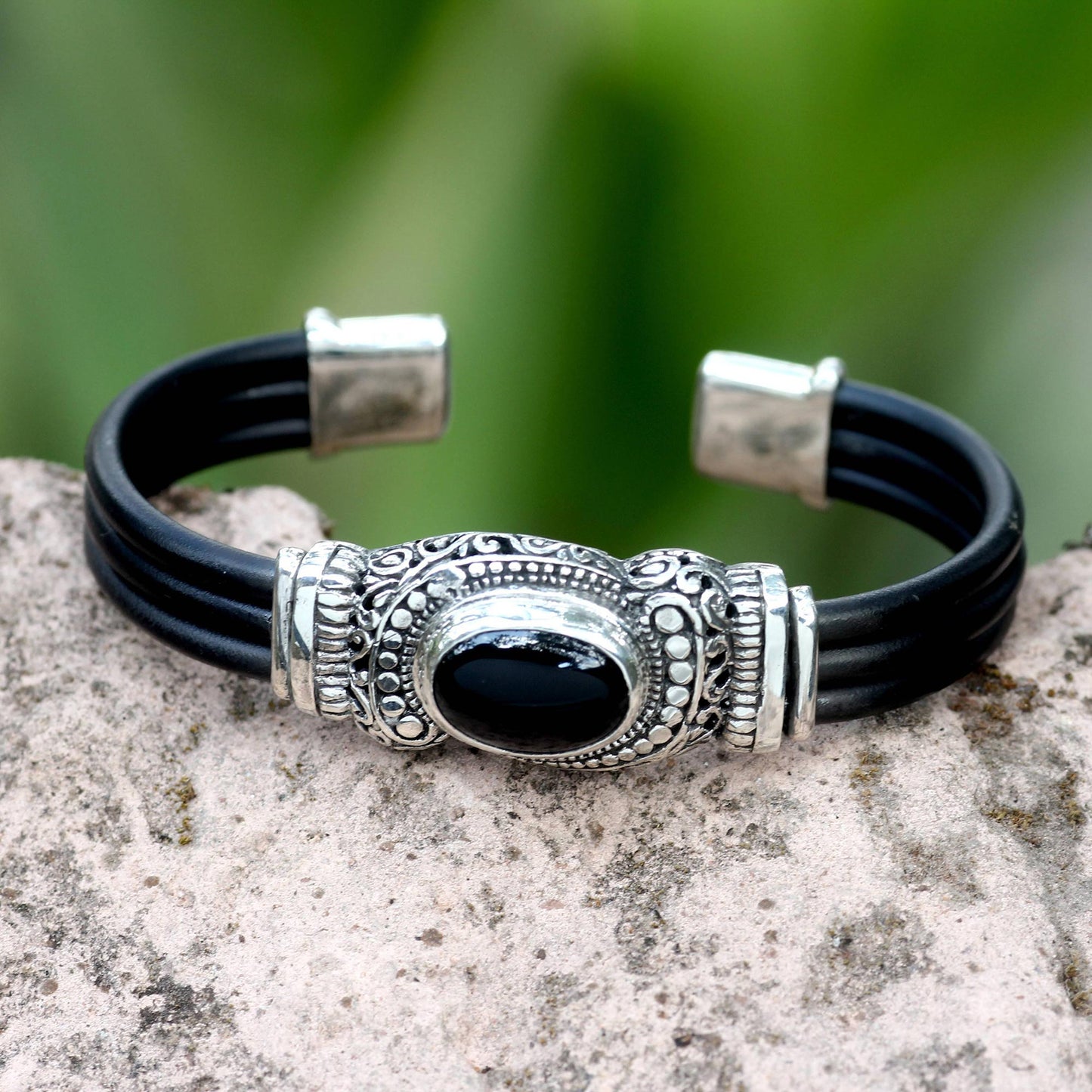 Royal Splendor Onyx Silver & Rubber Cuff Bracelet