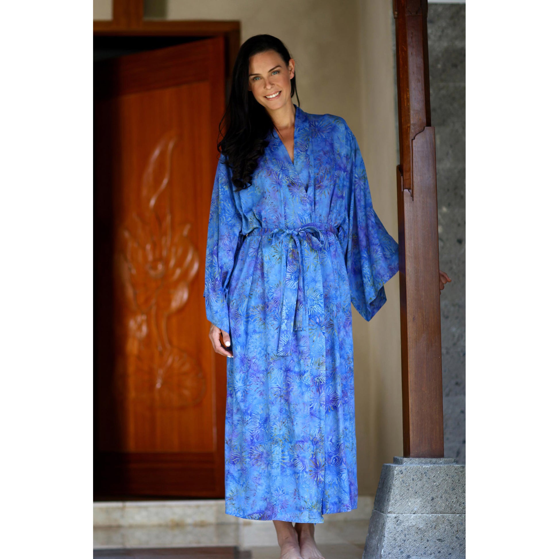 NOVICA Blue Anemone Rayon Batik Robe NOVICA Blue Anemone Rayon Batik Robe