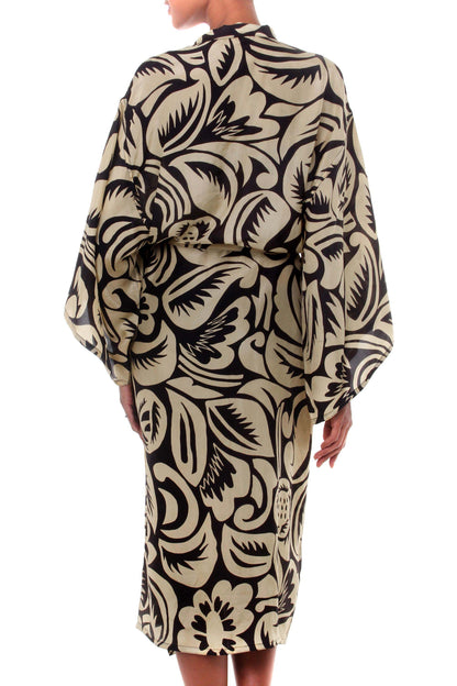 Black Hibiscus Haven Balinese Ivory Silk Robe with Black Hibiscus