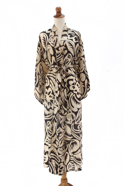 Black Hibiscus Haven Balinese Ivory Silk Robe with Black Hibiscus