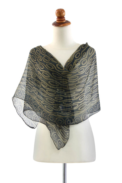 Olive Mist Geometric Patterned Silk Scarf from Indonesia