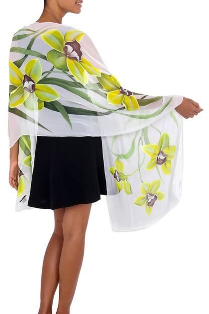 Green Orchid Handpainted Silk Shawl