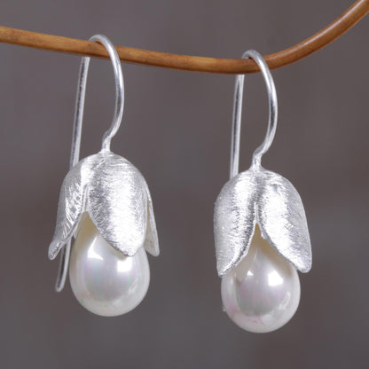 Floral Bud Floral Sterling Silver and Pearl Earrings