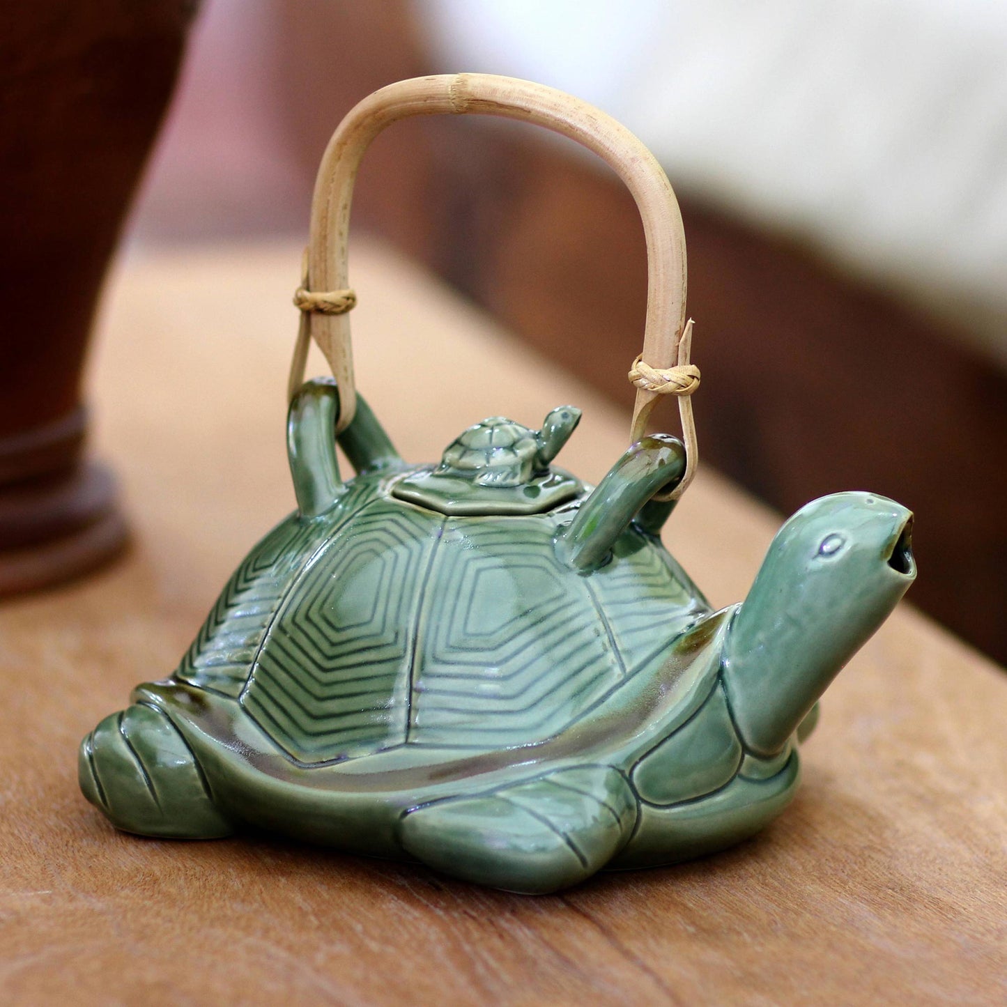 Mother Sea Turtle Green Ceramic Teapot with Rattan Handle