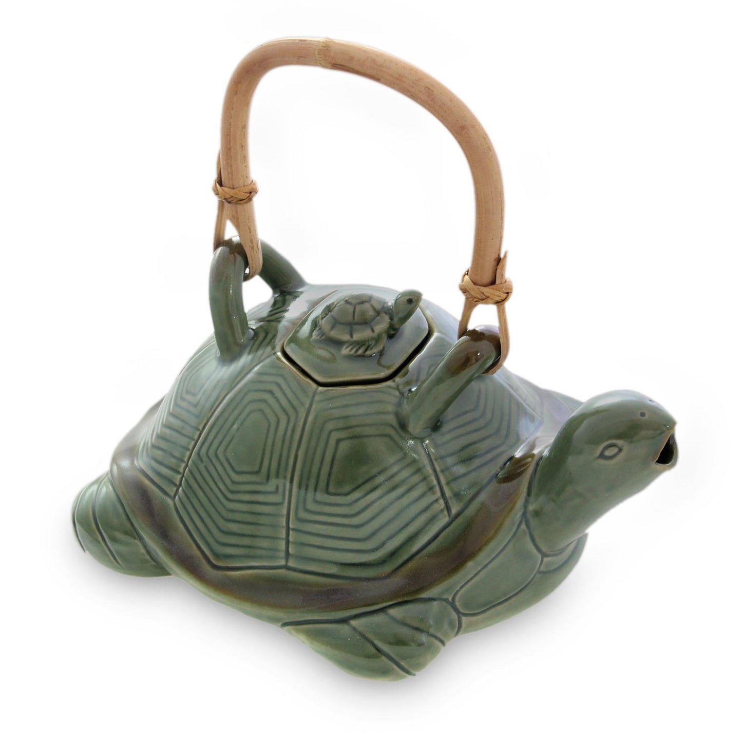 Mother Sea Turtle Green Ceramic Teapot with Rattan Handle