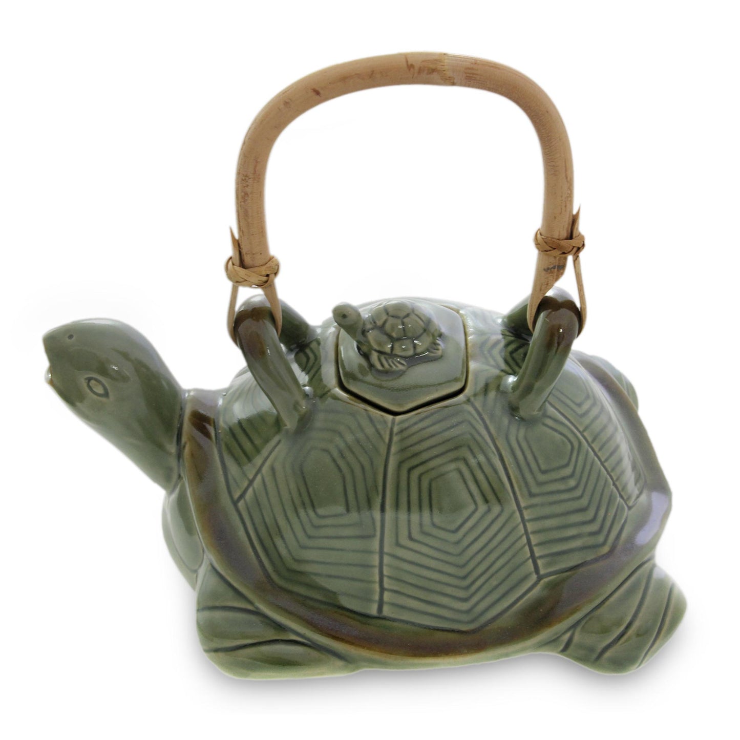 Mother Sea Turtle Green Ceramic Teapot with Rattan Handle