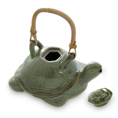 Mother Sea Turtle Green Ceramic Teapot with Rattan Handle