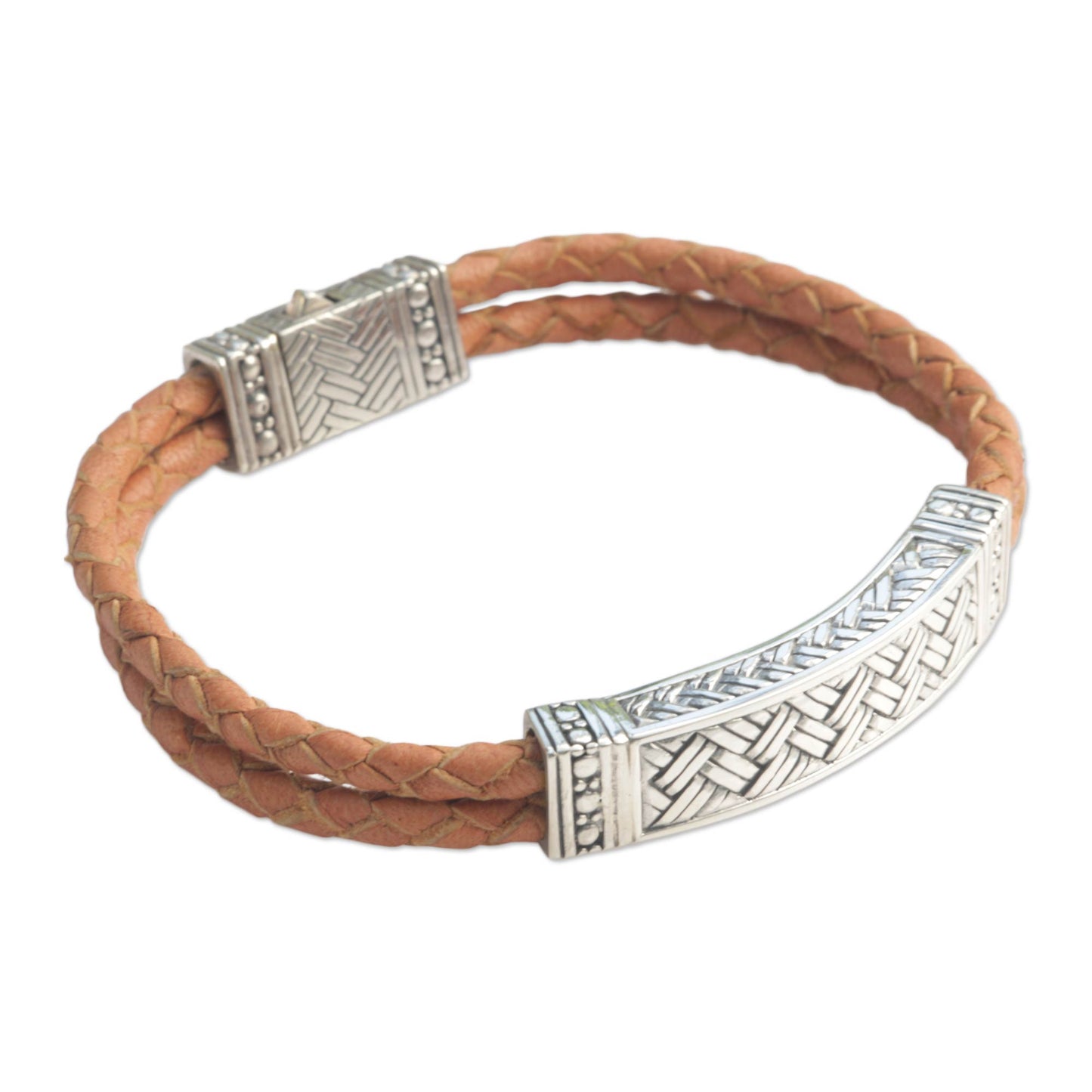 Jakarta Man Men's Sterling Silver and Leather Wristband Bracelet