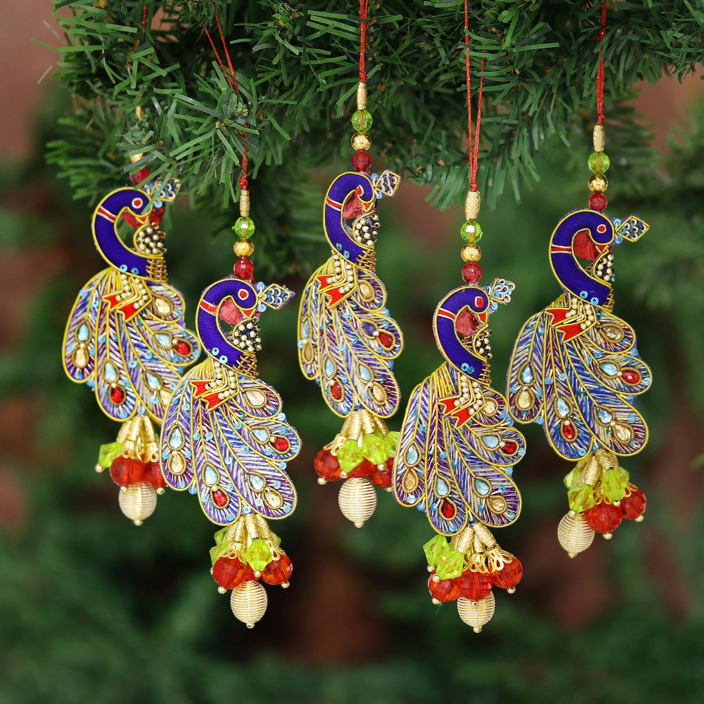 Mughal Peacocks Hand-Beaded Holiday Ornament Set