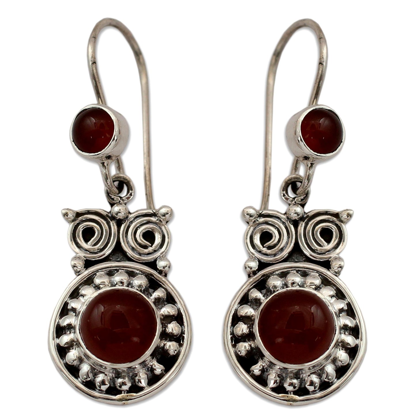 Fire Owl Handcrafted Indian Sterling Silver and Carnelian Earrings