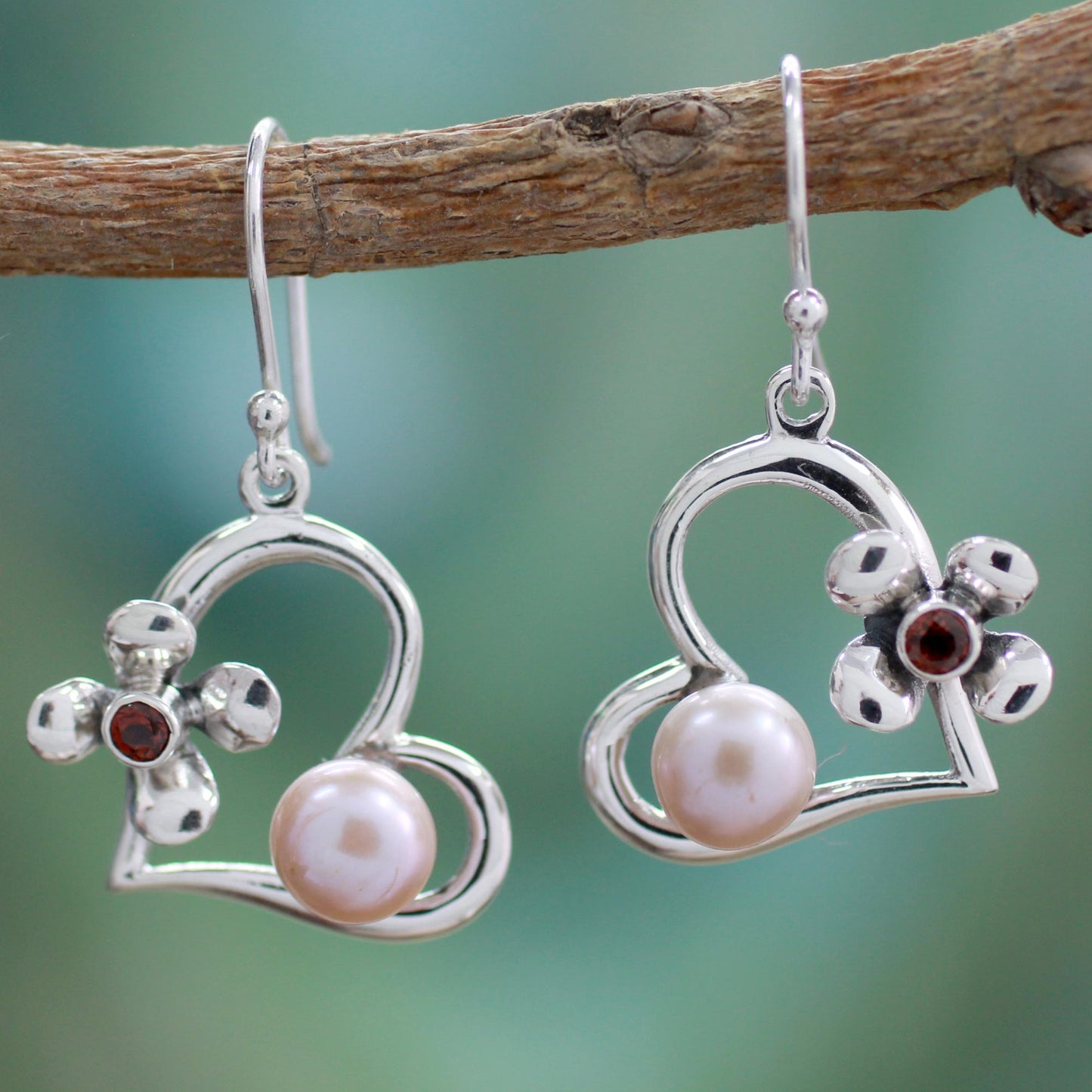 Heart of Romance Hearts and Flowers Earrings with Pearls Garnets and Silver