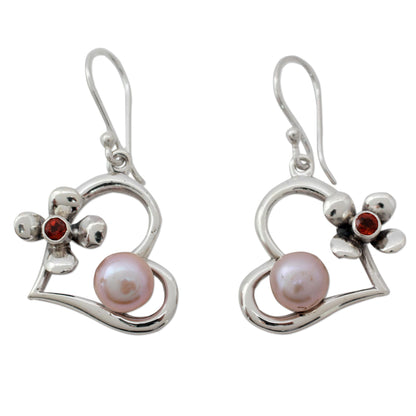 Heart of Romance Hearts and Flowers Earrings with Pearls Garnets and Silver