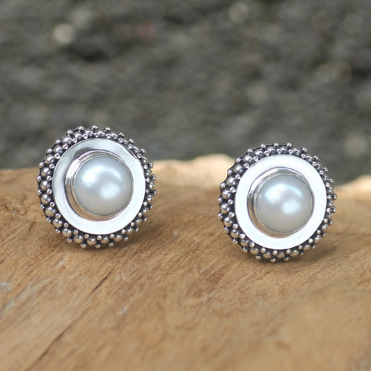 Moonlight Halo Handcrafted Sterling Silver and Pearl Button Earrings