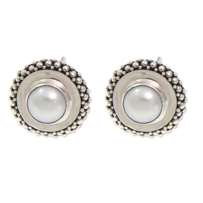 Moonlight Halo Handcrafted Sterling Silver and Pearl Button Earrings