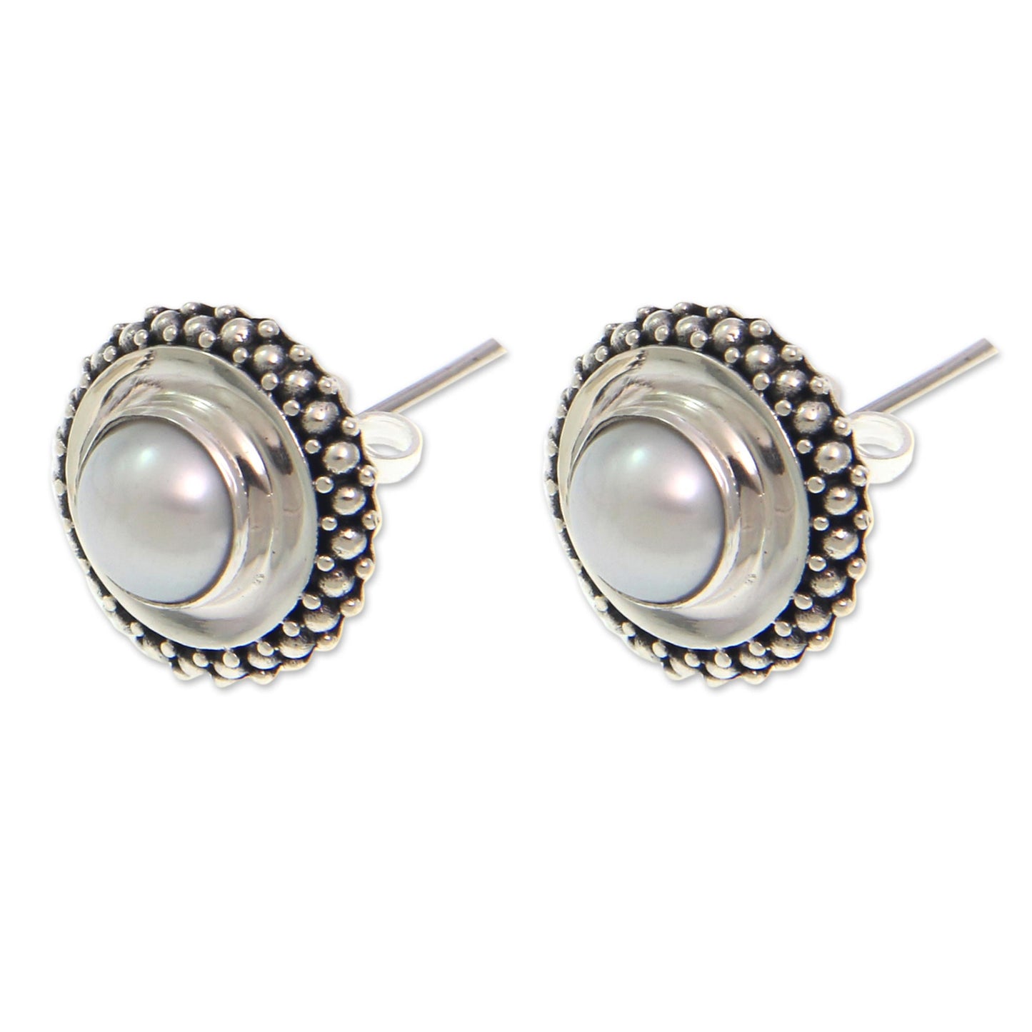 Moonlight Halo Handcrafted Sterling Silver and Pearl Button Earrings