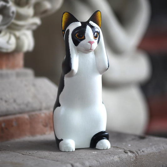 Hear No Evil Spotted Cat Albesia Wood Sculpture