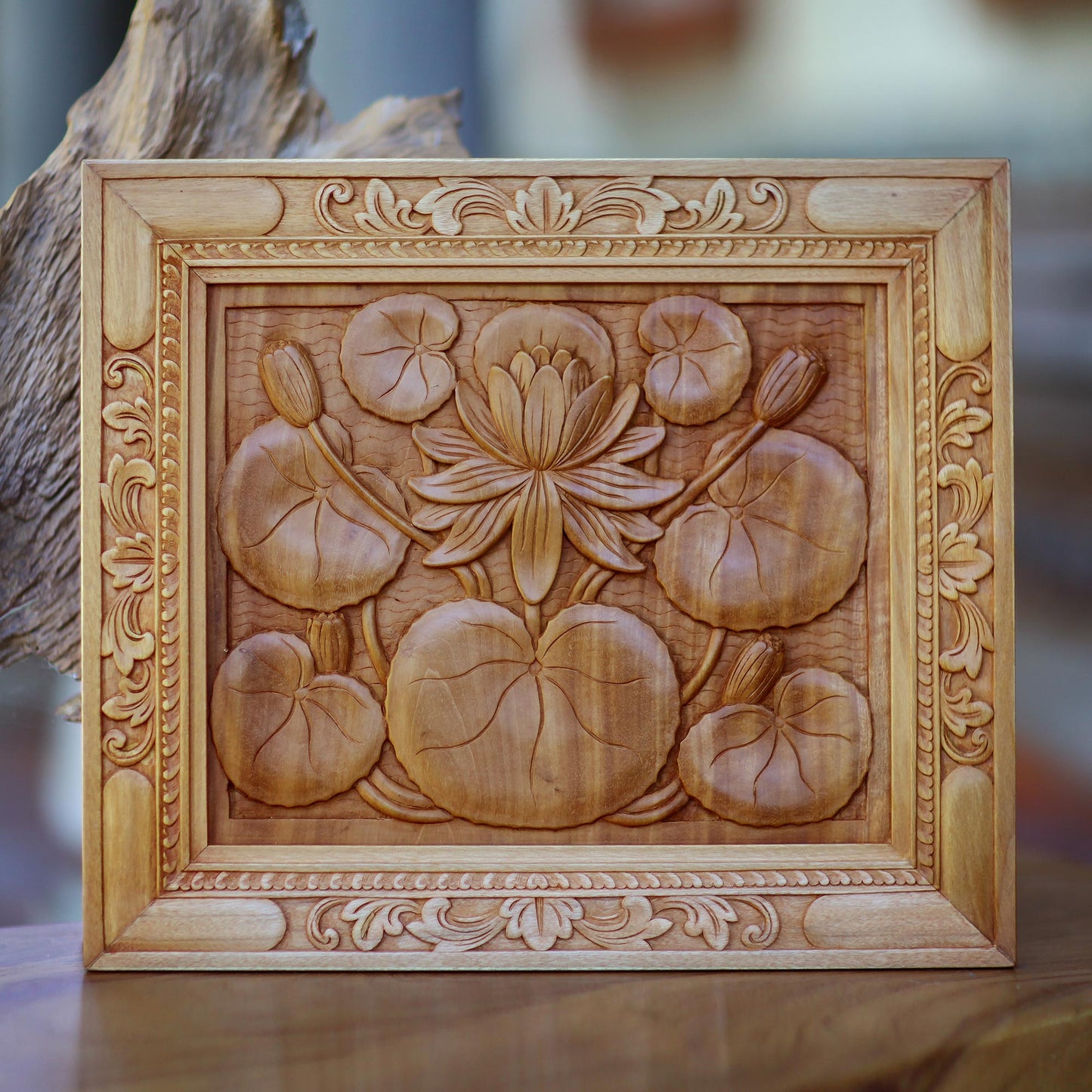 Lotus Blossom Wood relief panel