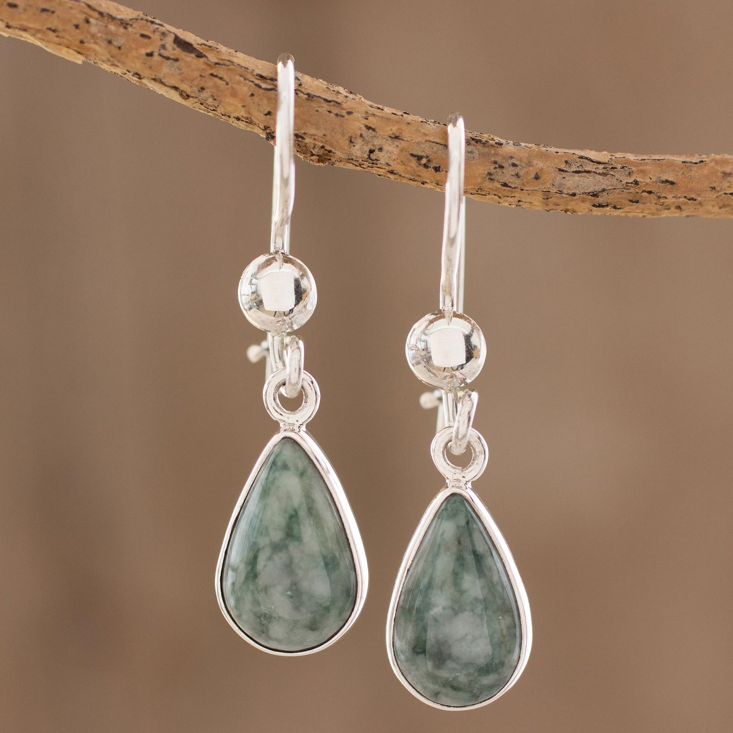 Pale Green Tears Jade & Silver Teardrop Dangle Earrings