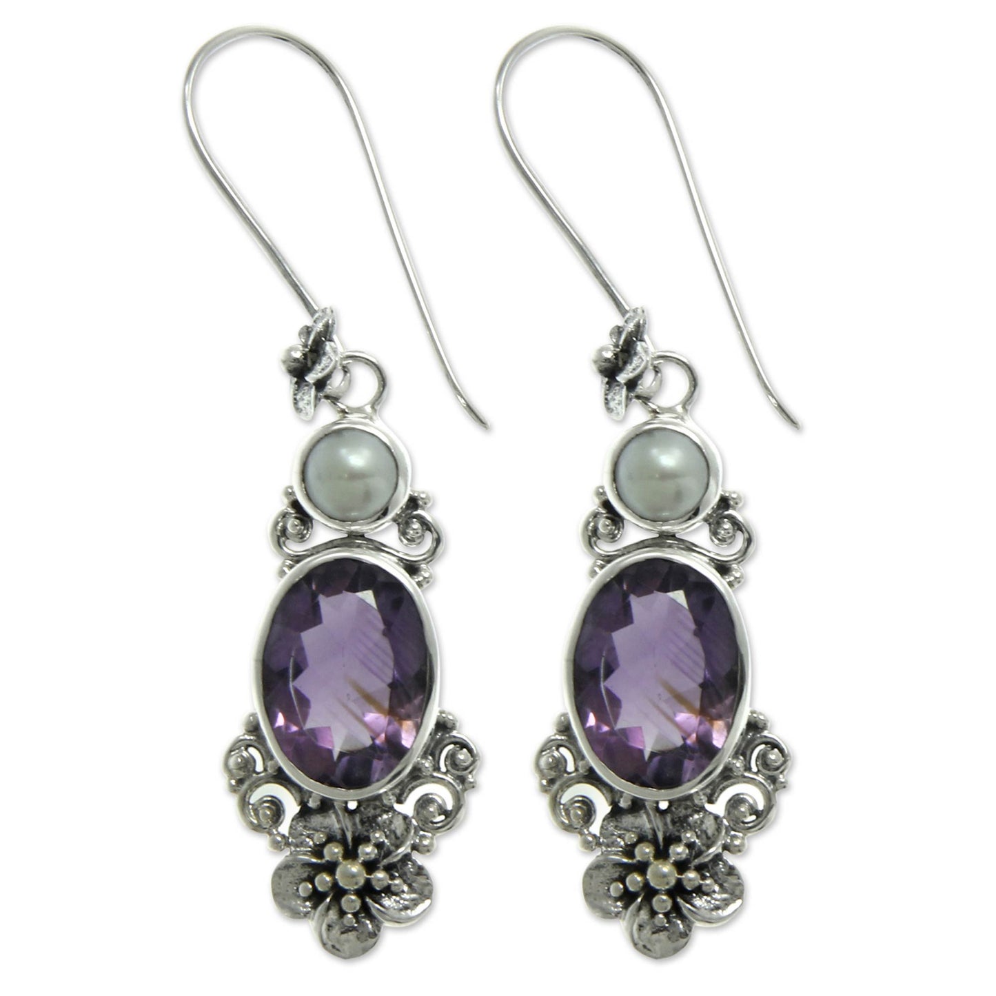 Queen of Flowers Amethyst & Pearl Dangle Earrings