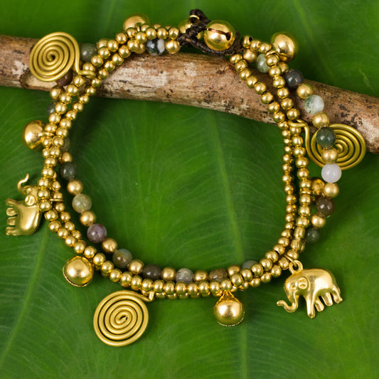 Colorful Siam Elephants Jasper and Brass Beaded Charm Bracelet