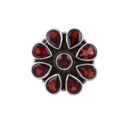 Floral Glamour Garnet Ring and Sterling Silver Ring Flower Jewelry