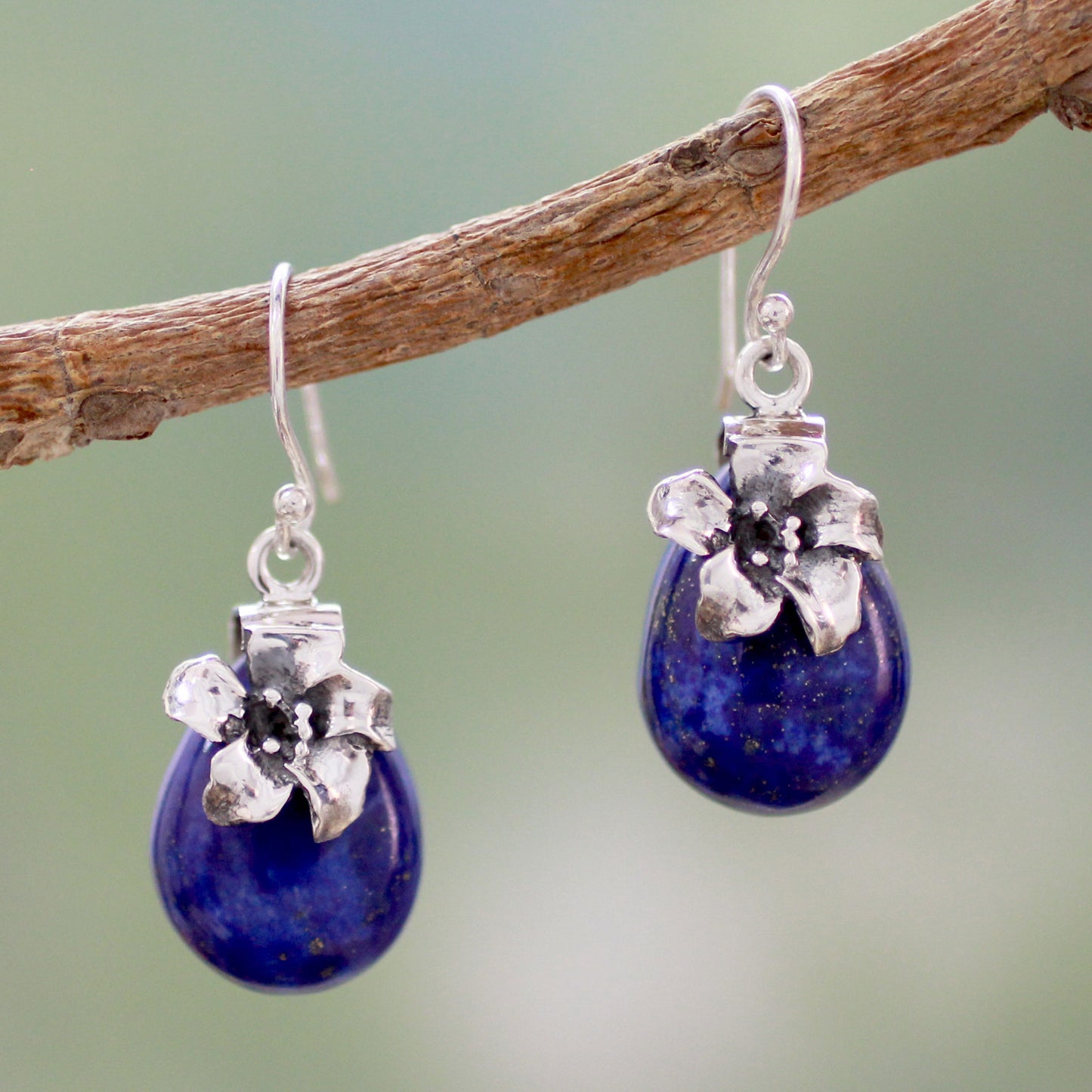 Lovely Lily Lapis Lazuli & Silver Floral Earrings