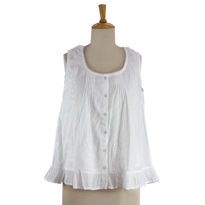 Morning Cloud White Cotton Embroidered Blouse with Pintucks