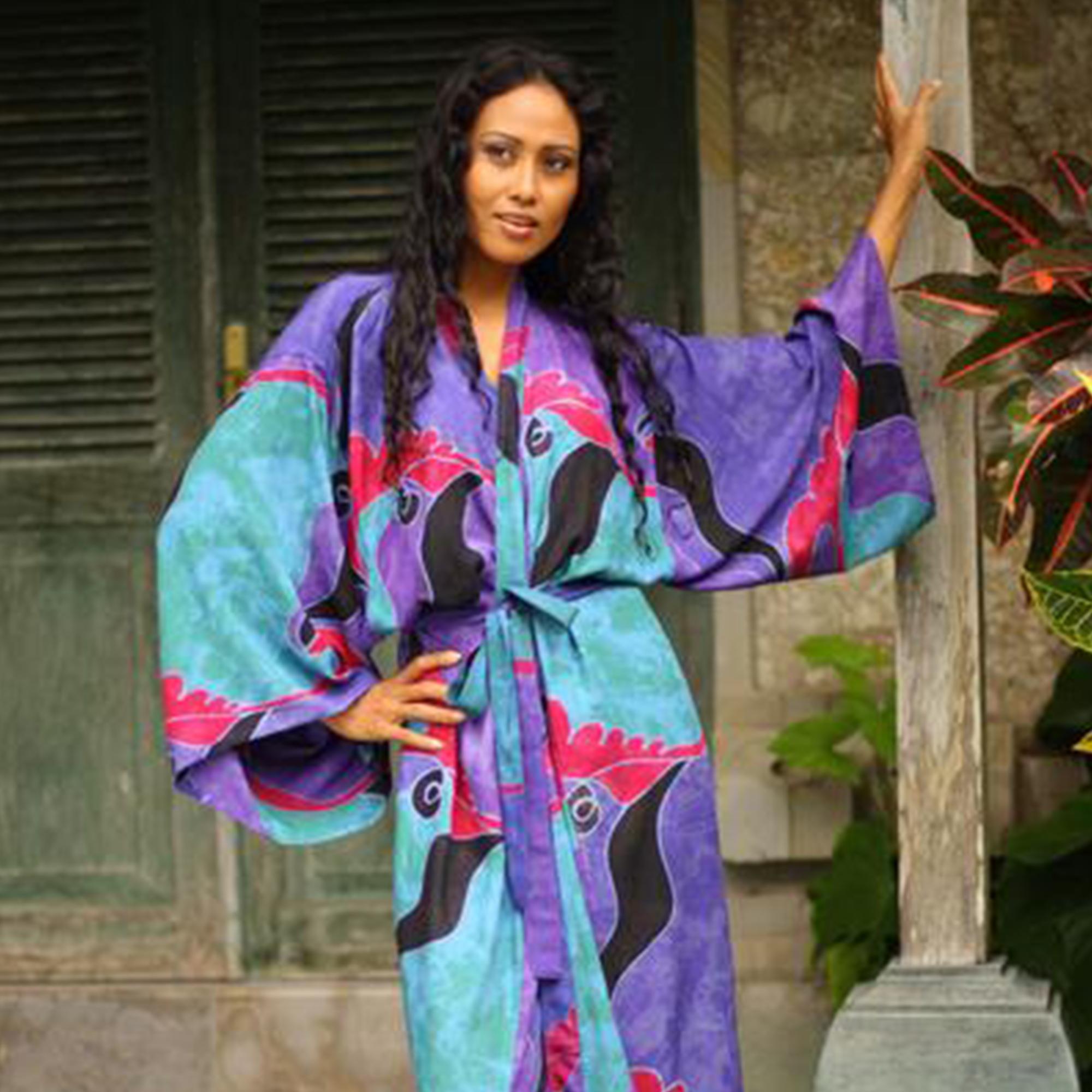 Pink Batik Robe NOVICA Handpainted Batik Long Robe | GreaterGood