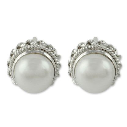 Blossoming Purity Cultured Pearl Earrings in Sterling Silver from India