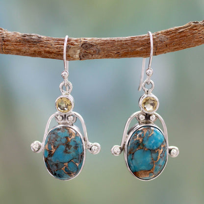 Goddess Citrine and Comp Turquoise Earrings Modern Silver Jewelry