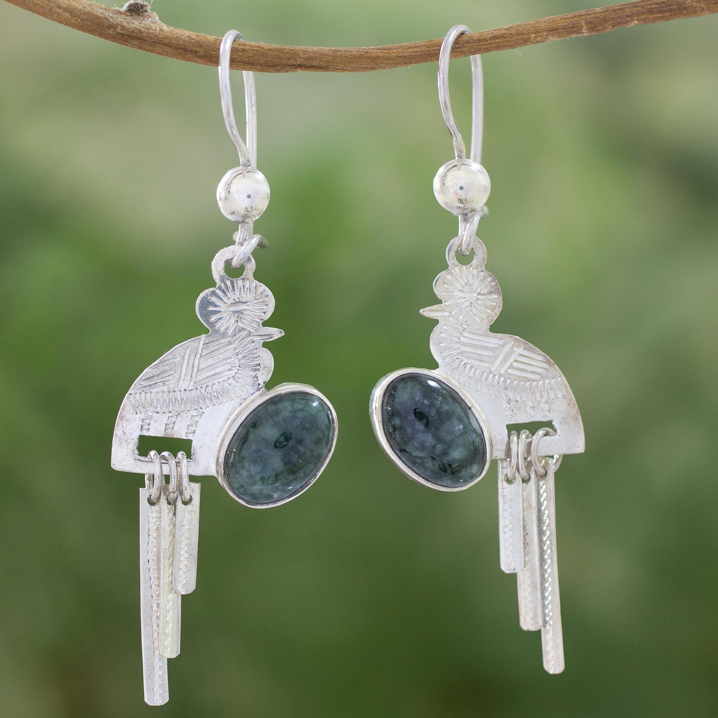 Quetzal Flight Handcrafted Sterling Silver Dangle Jade Bird Earrings