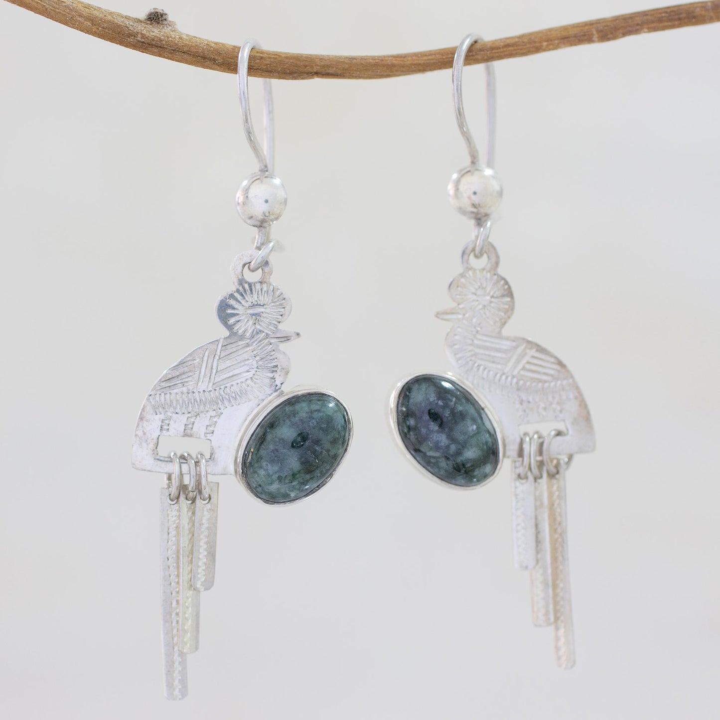 Quetzal Flight Handcrafted Sterling Silver Dangle Jade Bird Earrings