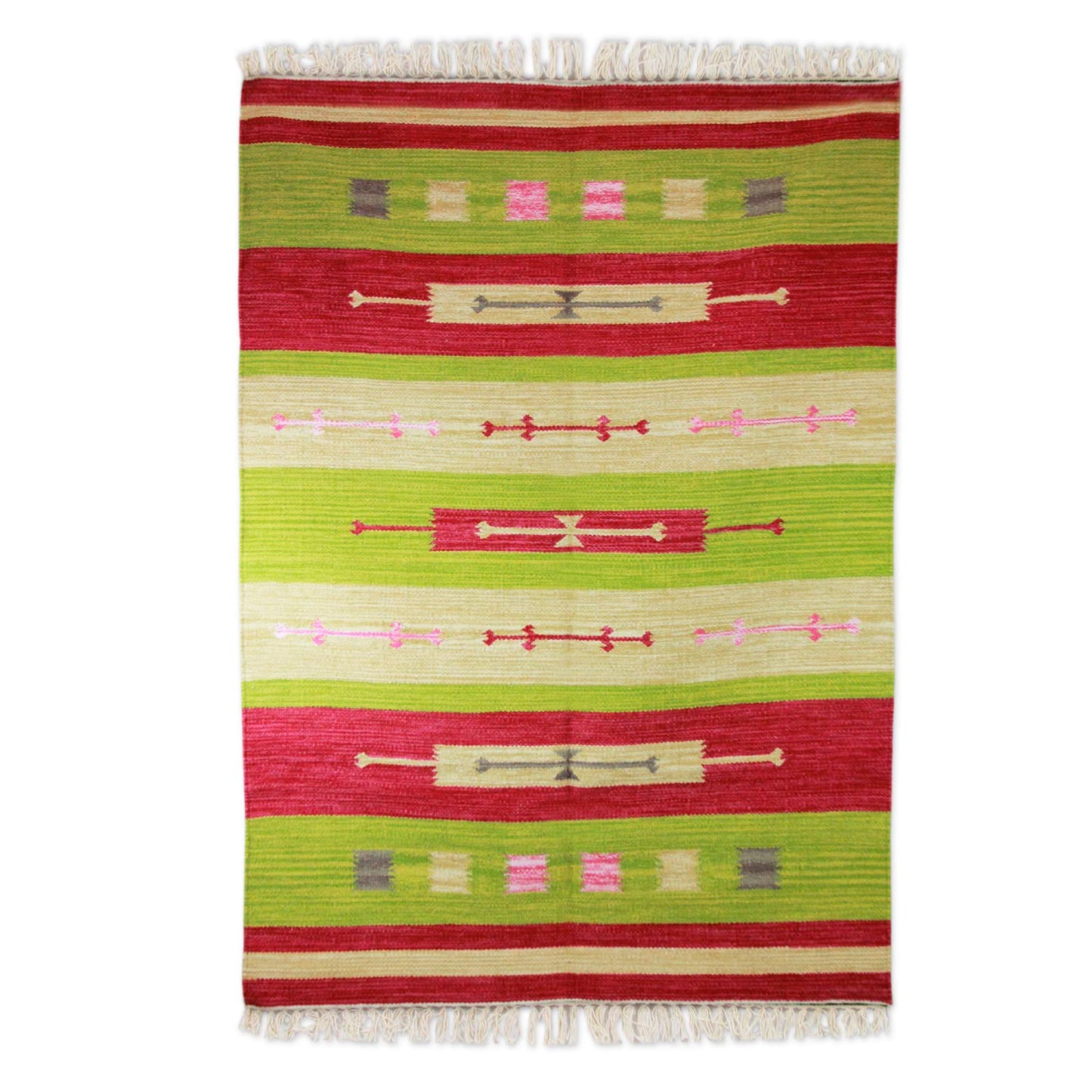 Cherry Lime Geometry Wool dhurrie rug (4x6)