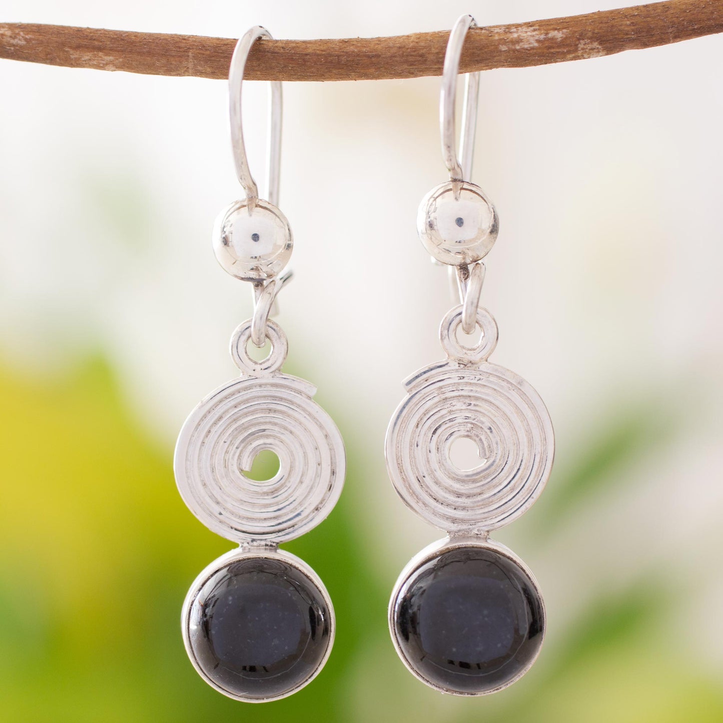 Spiral of Life Black Jade Dangle Earrings from Guatemala