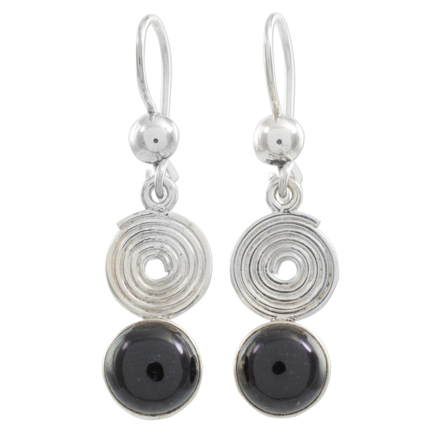 Spiral of Life Black Jade Dangle Earrings from Guatemala