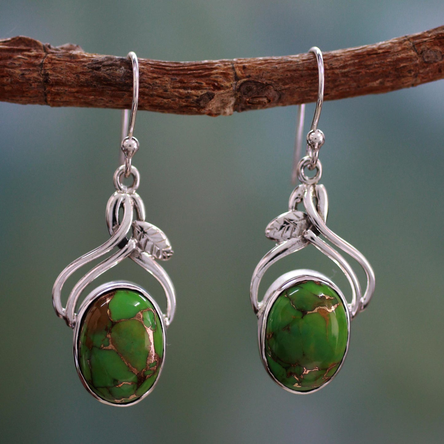 Green Dew Handcrafted Sterling Silver Earrings from India